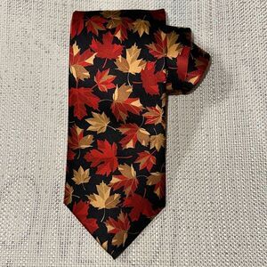 Magenta Deep Red Gold Black Tan Maple Leaf Silk Tie